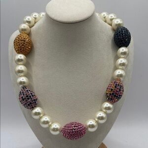 Joan Boyce Pave’ Crystal Egg & Simulated Pearl Necklace 19”L W/4”L Ext